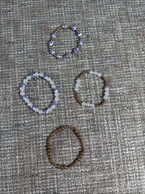 Beaded Stretch Bracelet Set - Gold, White, Blue flowers